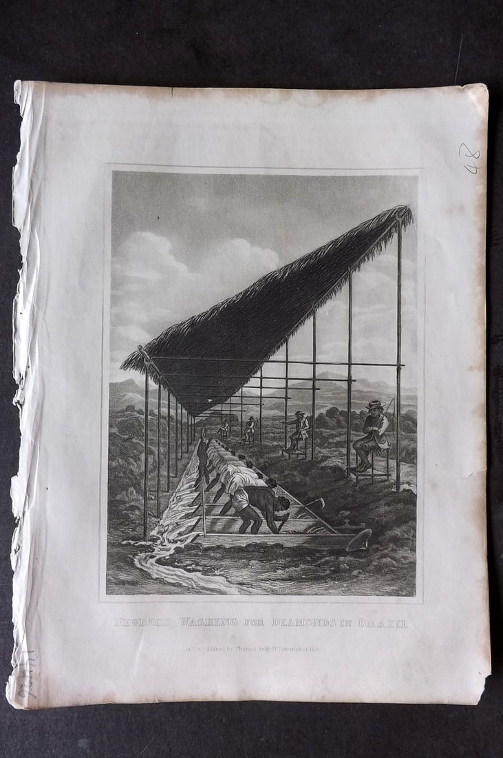 Kelly, Christopher 1841 Antique Print. Negros washing for Diamonds in Brazil: Steel Engraving Published 1841, London for "An Authentic History and Entertaining Description of the World and its Inhabitants..." by Christopher Kelly and Thomas Bartlett. Paper Size: 10.5 x 8 inch (
