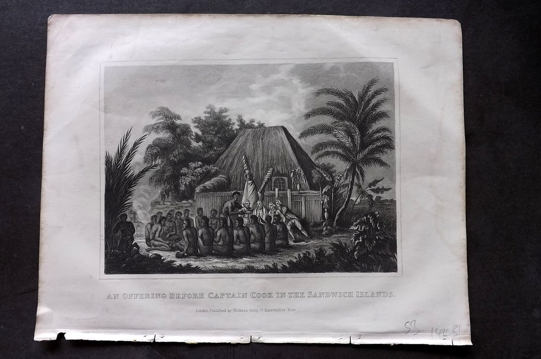 Kelly, Christopher 1841 Antique Print. An Offering before Capt. Cook. Sandwich Islands Hawaii: Steel Engraving Published 1841, London for "An Authentic History and Entertaining Description of the World and its Inhabitants..." by Christopher Kelly and Thomas Bartlett. Paper Size: 10.5 x 8 inch (