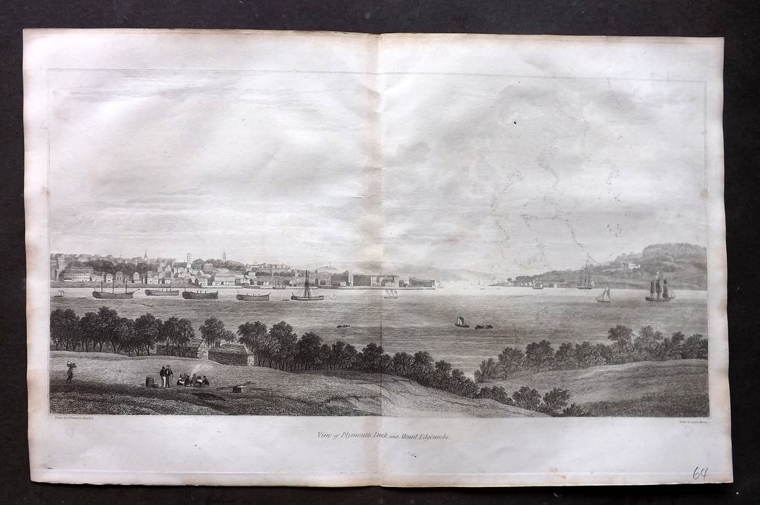 Lysons, Daniel 1822 Folio Print. View of Plymouth Dock and Mount Edgecumbe, Devon (1 of 1)