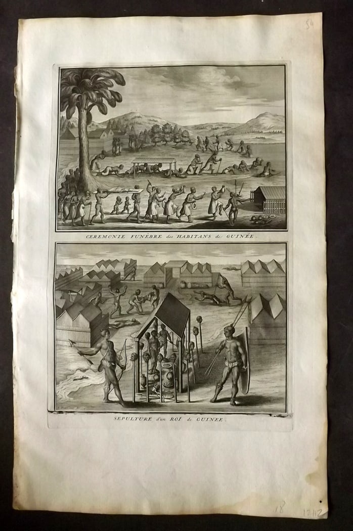 Picart, Bernard 1728 Folio Antique Print. Funeral and heads on Sticks, Guinea, Africa (1 of 1)