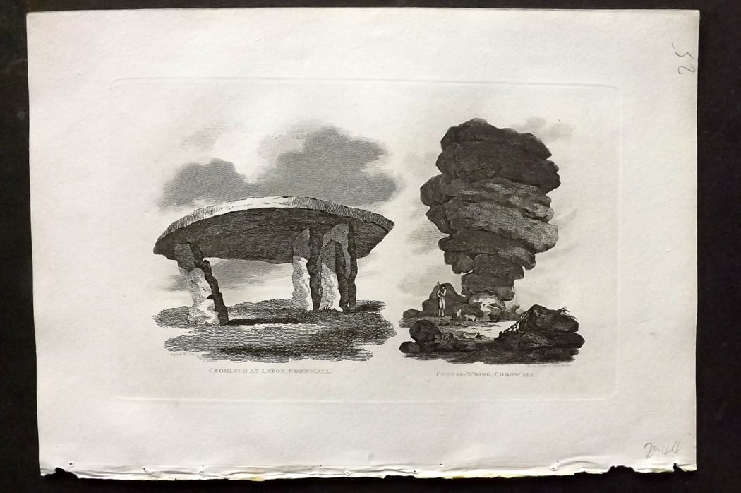 Polehampton, Edward 1823 Antique Print. Chromlech & Cheese Wring at Lavon, Cornwall: Copper Plate Published 1823, London for "The Gallery of Nature and Art: or, A Tour Through Creation and Science" by the Rev. Edward Polehampton & John M. Good. Paper Size: 10 x 7 inch (26 x 18cm) Good