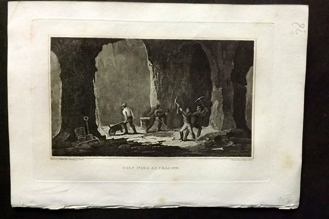 Polehampton, Edward 1823 Antique Print. Salt Mine at Cracow, Poland: Copper Plate Published 1823, London for "The Gallery of Nature and Art: or, A Tour Through Creation and Science" by the Rev. Edward Polehampton & John M. Good. Paper Size: 10 x 7 inch (26 x 18cm) Good