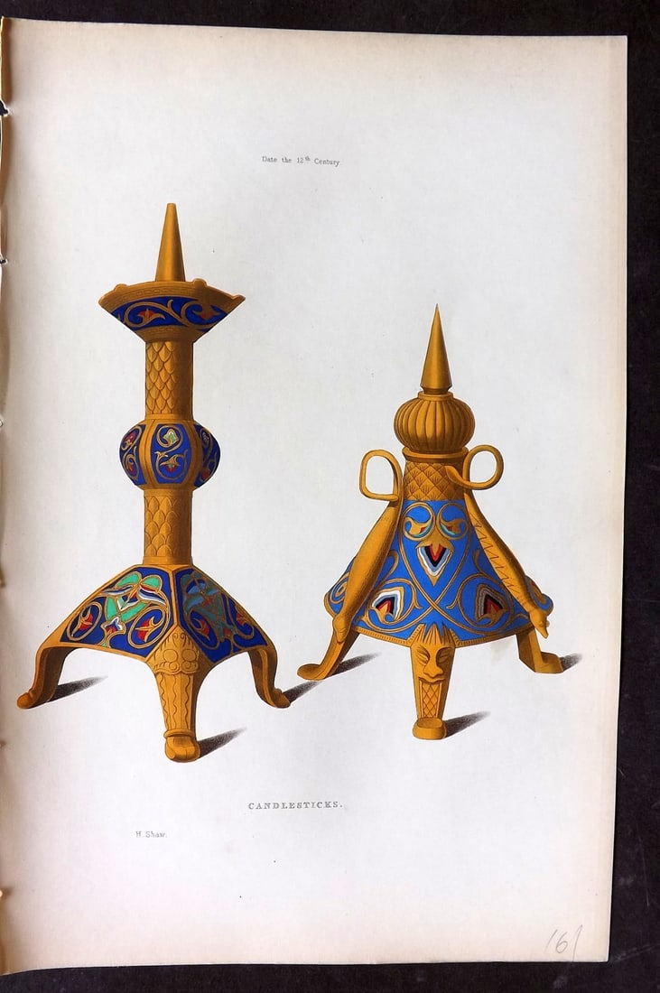Shaw, Henry 1843 Fine Hand Col Print. Candlesticks. 12th Century: Hand Colored Aquatint Published 1843 London for "Dresses and Decorations of the Middle Ages" by Henry Shaw. Paper Size: 11 x 7 inch (28 x 18cm) Good Condition