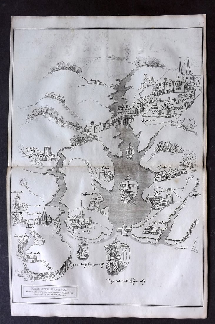 Lysons, Daniel 1822 Map. Exmouth, Devon, Ships from a 16th Century Chart (1 of 1)