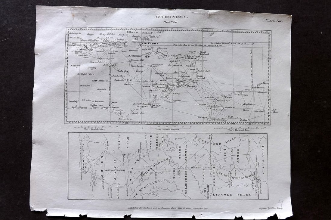 Rees, Abraham 1820 Map. English Channel & England - Astronomy Degree: Copper Plate Published 1802-20 by Longman, Hurst, Rees & Orme for "The Cycloaedia: or, Universal dictionary of arts, sciences, and literature" By Abraham Rees. Paper Size: 10.5 x 8.5 inch (27 x 22cm) 