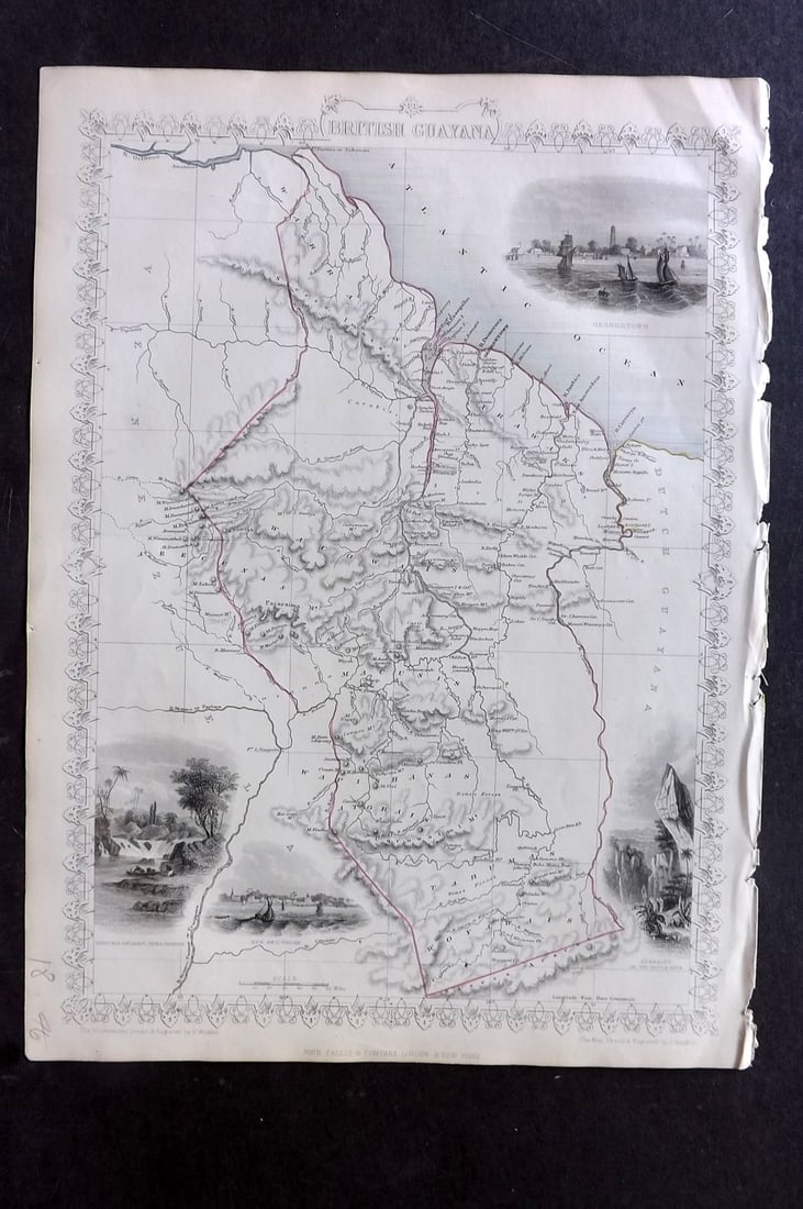 Tallis, John (Pub) 1851 Antique Map. British Guayana Guyana: Steel Engraved Map with Original Outline Hand Color Published 1851 by John Tallis, London for "The Illustrated Atlas and Modern History of the World" First Edition Edited by Robert Montgomery Martin.
