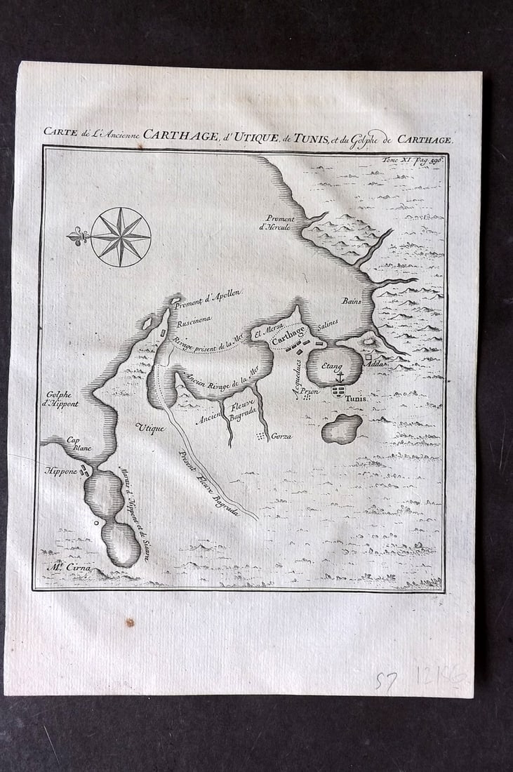 Psalmanazar & Sale C1770 Antique Map. Plan of Carthage Tunis Tunisia: Copper Engraved Map Published 1747-82 Amsterdam and Leipzig for "Histoire Universelle, depuis le commencement du monde" 4to Edition by George Sale, George Psalmanazar, Thomas Salmon et al. Paper Size: