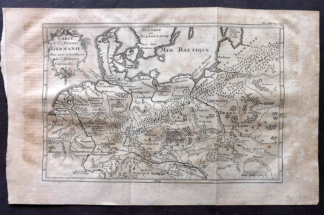 Psalmanazar & Sale C1770 Antique Map. Carte de l'Anciemme Germanie. Germany: Copper Engraved Map Published 1747-82 Amsterdam and Leipzig for "Histoire Universelle, depuis le commencement du monde" 4to Edition by George Sale, George Psalmanazar, Thomas Salmon et al. Folds as is