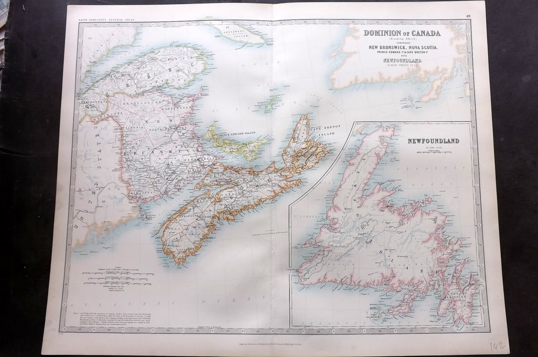 Johnston, Alexander 1894 LG Antique Map. Canada East - New Brunswick, Nova Scotia, Prince Edward, (1 of 2)