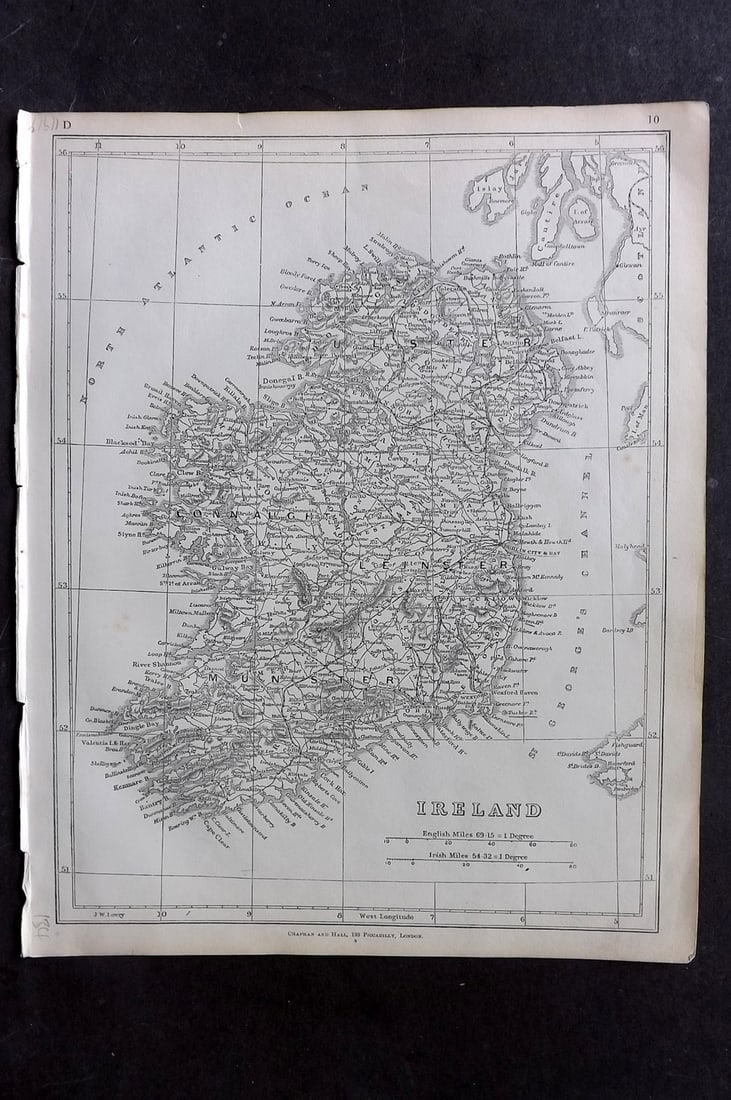 Lowry, Joseph 1852 Antique Map. Ireland: Engraved Map Published 1852 for "Lowry's Table Atlas" by Joseph William Lowry. Paper Size: 12 x 9.5 inch (30.5 x 24cm) Good Condition