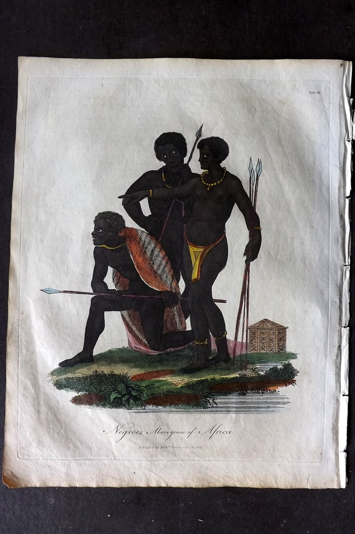 Buffon & Smellie 1817 Hand Colored Print. Negroes, Aborigines of Africa: Hand Colored Copper Plate Published 1817 by Thomas Kelly, London for "A Natural History, General and Particular..." by The Comte de Buffon and William Smellie. Paper Size: 10.5 x 8 inch (27 x 21cm) Go