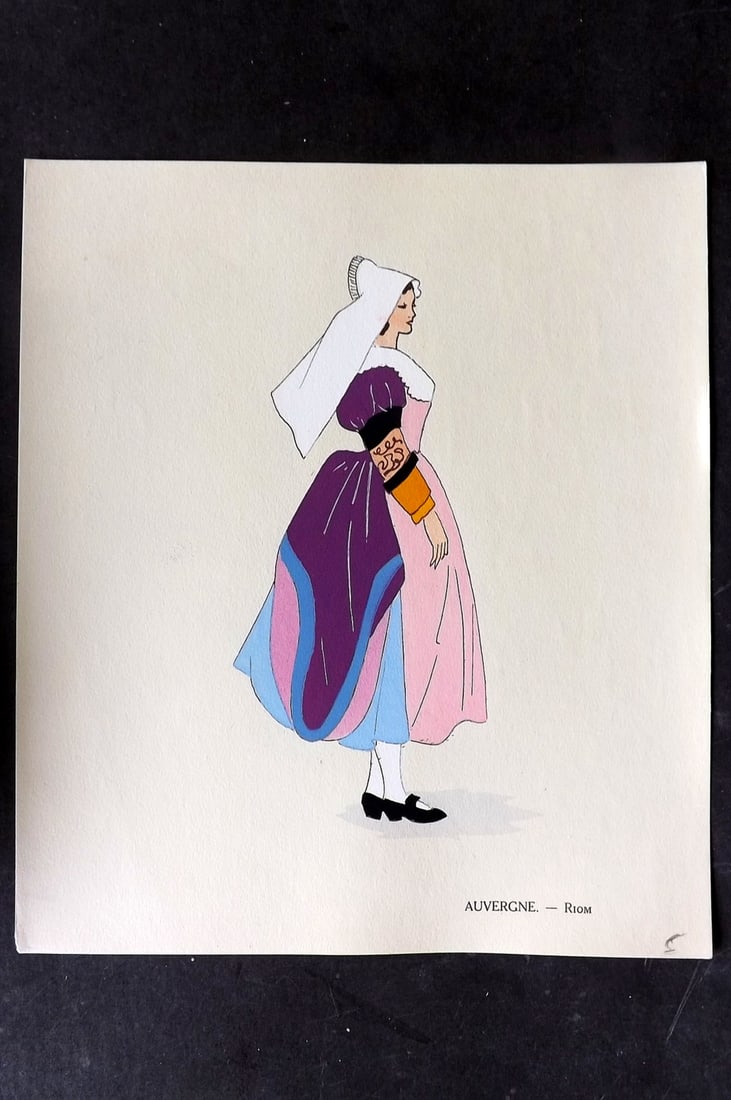 Keim, Aline 1929 HCol French Pochoir Costume Plate. Auvergne - Riom: Hand Colored Pochoir Lithograph Published 1929, Paris for "Les Costumes du Pays de France" by Aline Keim. First Edition by Aline Keim. Paper Size: 11 x 9.5 inch (28 x 24cm) Good Condition