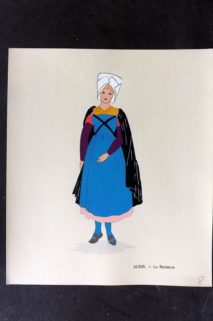 Keim, Aline 1929 HCol French Pochoir Costume Plate. Aunis - La Rochelle: Hand Colored Pochoir Lithograph Published 1929, Paris for "Les Costumes du Pays de France" by Aline Keim. First Edition by Aline Keim. Paper Size: 11 x 9.5 inch (28 x 24cm) Good Condition