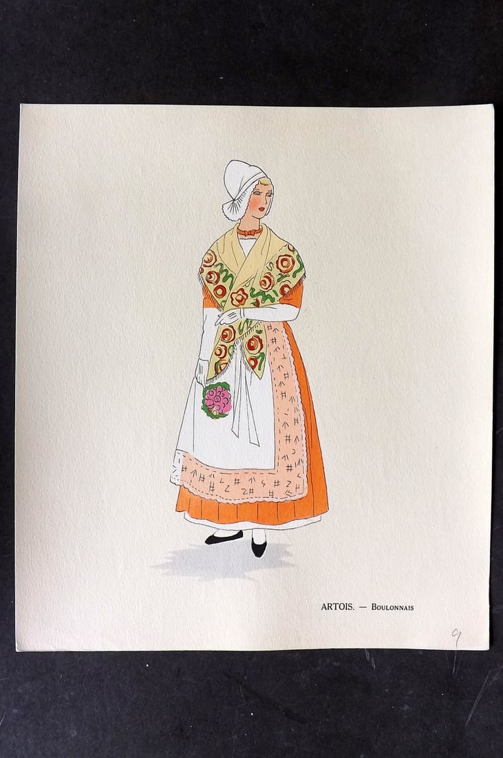 Keim, Aline 1929 HCol French Pochoir Costume Plate. Artois - Boulonnais: Hand Colored Pochoir Lithograph Published 1929, Paris for "Les Costumes du Pays de France" by Aline Keim. First Edition by Aline Keim. Paper Size: 11 x 9.5 inch (28 x 24cm) Good Condition