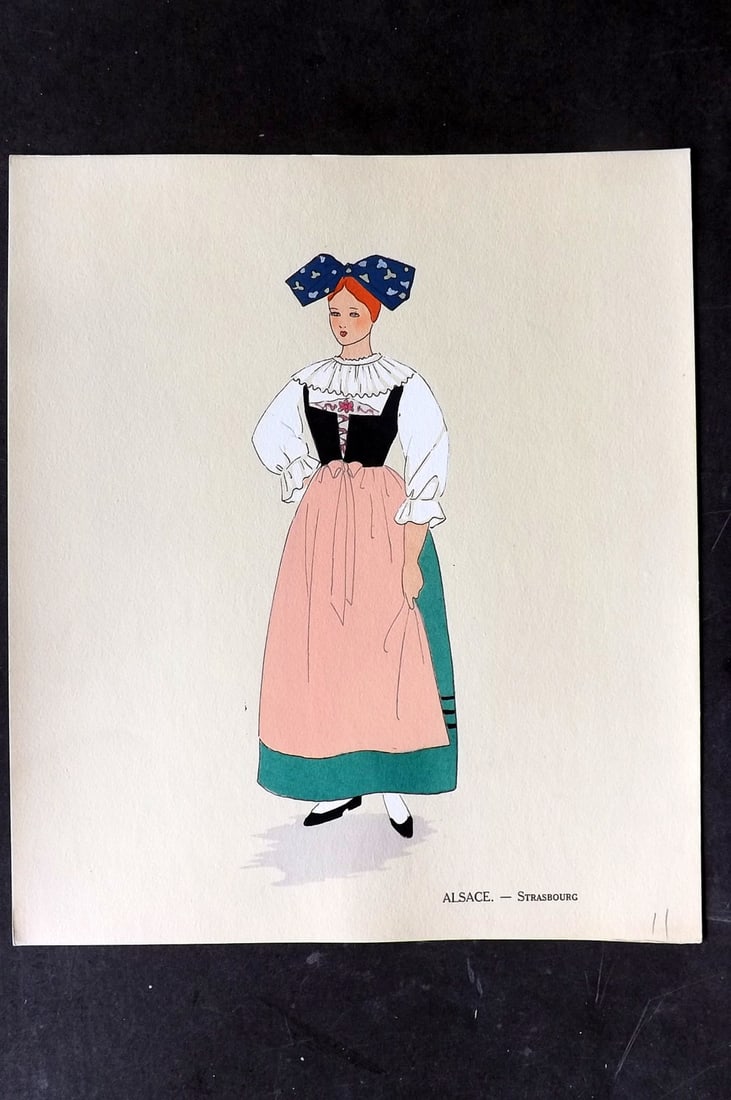 Keim, Aline 1929 HCol French Pochoir Costume Plate. Alsace - Strasbourg: Hand Colored Pochoir Lithograph Published 1929, Paris for "Les Costumes du Pays de France" by Aline Keim. First Edition by Aline Keim. Paper Size: 11 x 9.5 inch (28 x 24cm) Good Condition