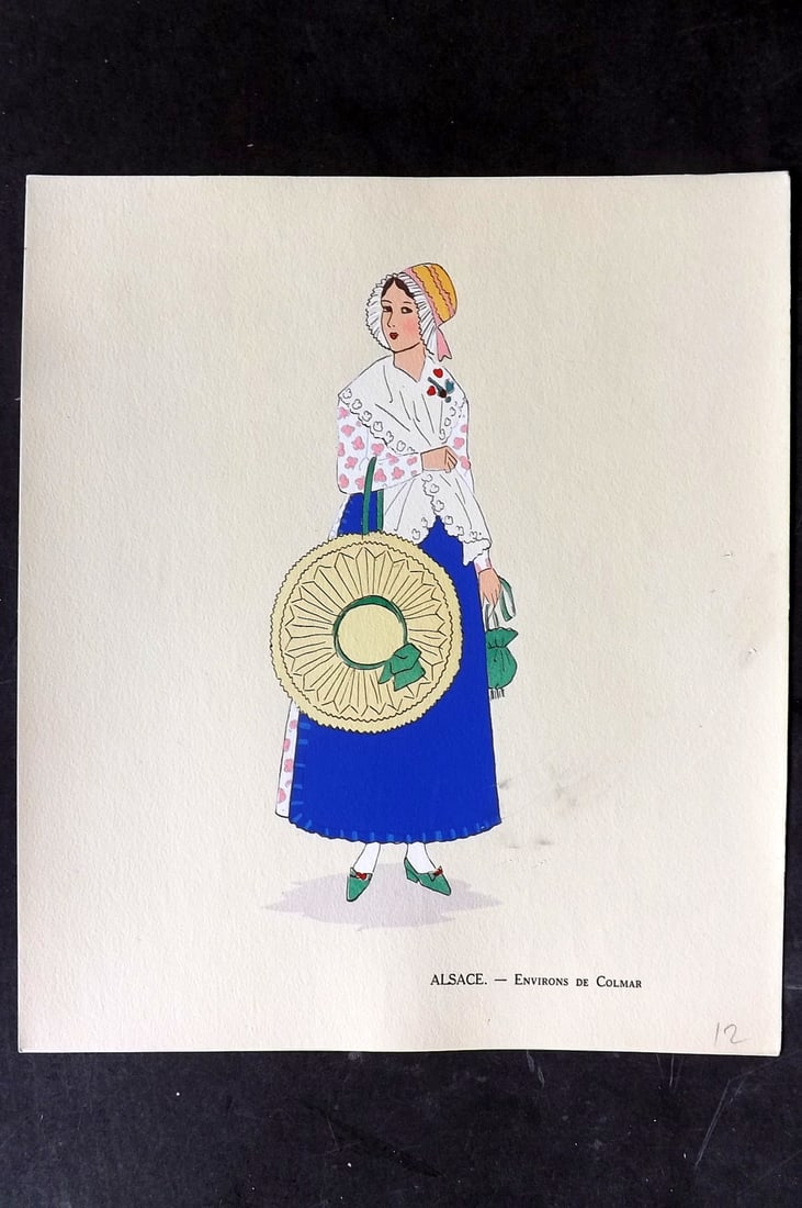 Keim, Aline 1929 HCol French Pochoir Costume Plate. Alsace - Environs de Colmar: Hand Colored Pochoir Lithograph Published 1929, Paris for "Les Costumes du Pays de France" by Aline Keim. First Edition by Aline Keim. Paper Size: 11 x 9.5 inch (28 x 24cm) Good Condition