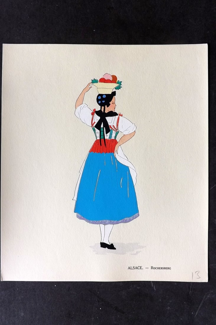 Keim, Aline 1929 HCol French Pochoir Costume Plate. Alsace - Rochersberg: Hand Colored Pochoir Lithograph Published 1929, Paris for "Les Costumes du Pays de France" by Aline Keim. First Edition by Aline Keim. Paper Size: 11 x 9.5 inch (28 x 24cm) Good Condition