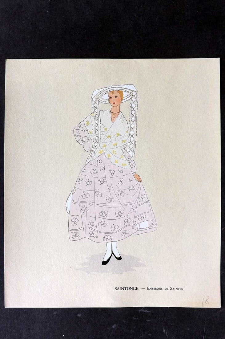 Keim, Aline 1929 HCol French Pochoir Costume Plate. Saintonge - Environs de Saintes: Hand Colored Pochoir Lithograph Published 1929, Paris for "Les Costumes du Pays de France" by Aline Keim. First Edition by Aline Keim. Paper Size: 11 x 9.5 inch (28 x 24cm) Good Condition
