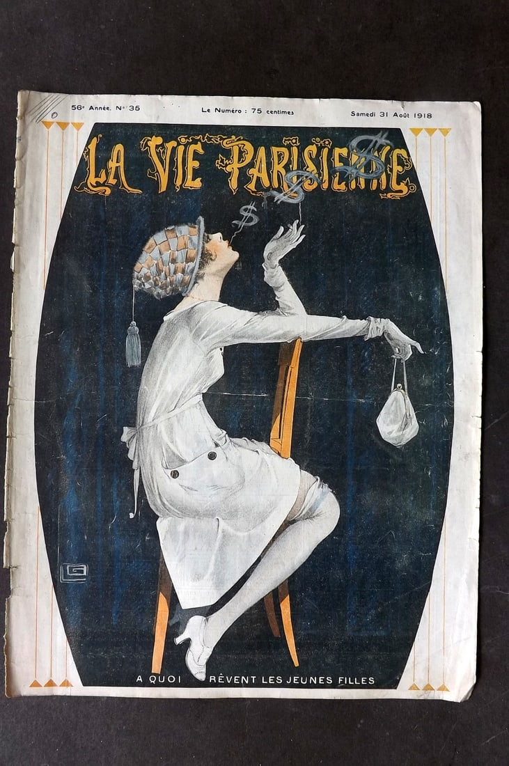 La Vie Parisienne 1918 Art Deco Print. A Quoi Revent Les Jeunes Filles by Leonnec (1 of 1)