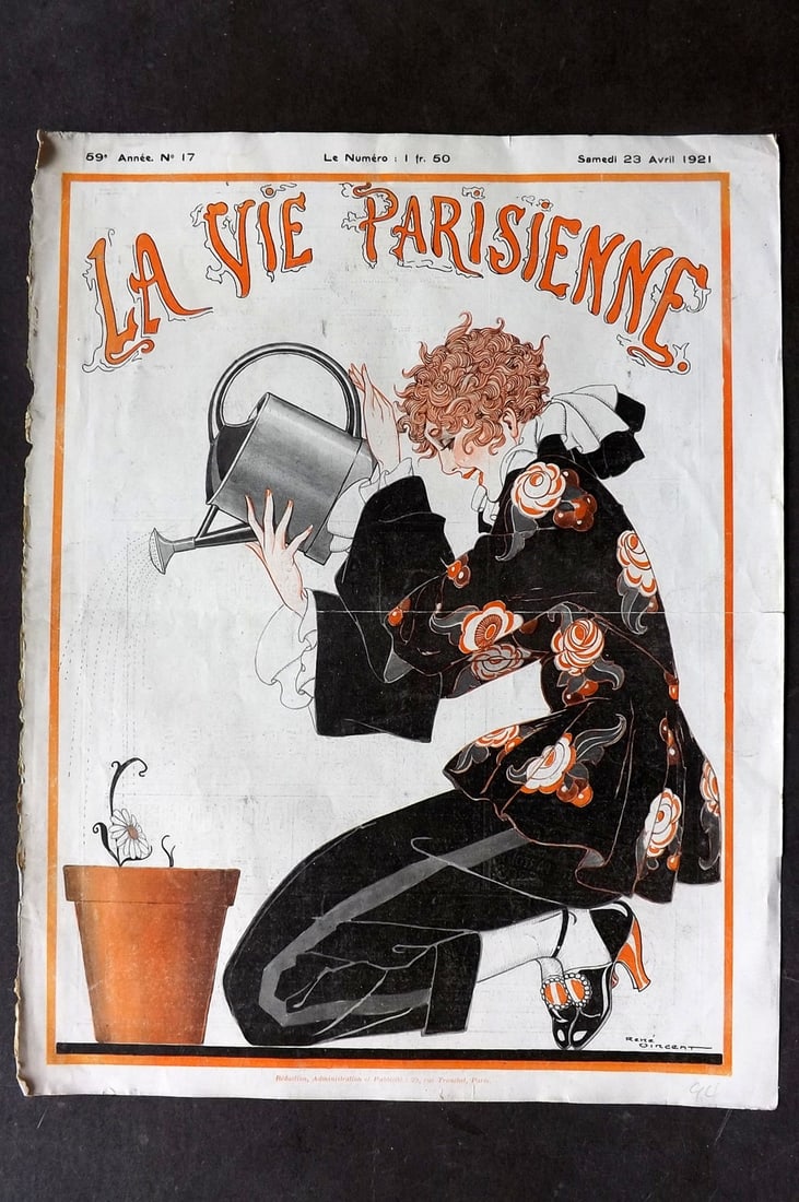 La Vie Parisienne 1921 Art Deco Print. Lady watering Plant by Rene Vincent (1 of 1)