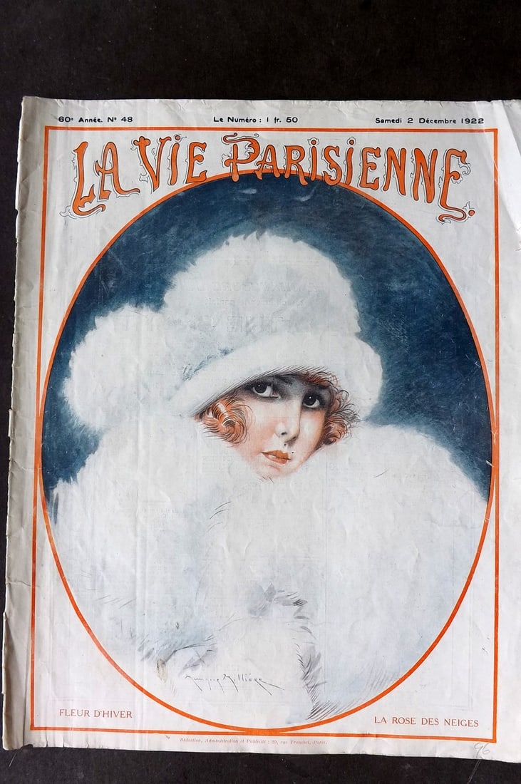 La Vie Parisienne 1922 Art Deco Print. La Rose des Neiges Fleur d'Hiver by Milliere: Lithograph Published 1928, Paris for "La Vie Parisienne" Illustrated by Lissac, Barbier, Vallet, Valee, Prejelan, Herouard, Fournier, Kuhn-Regnier, Georges L?onnec and others. Verso text, but none sho