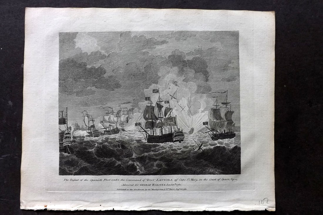 Macgowan, J. (Pub) 1781 Naval Ship Print. Defeat of the Spanish Fleet, Cape St. Mary, Spain.: Copper Plate Published 1781 by J. Macgowan, London for "The Field of Mars" Rare. Paper Size: 10 x 8 inch (26 x 20cm) Good Condition