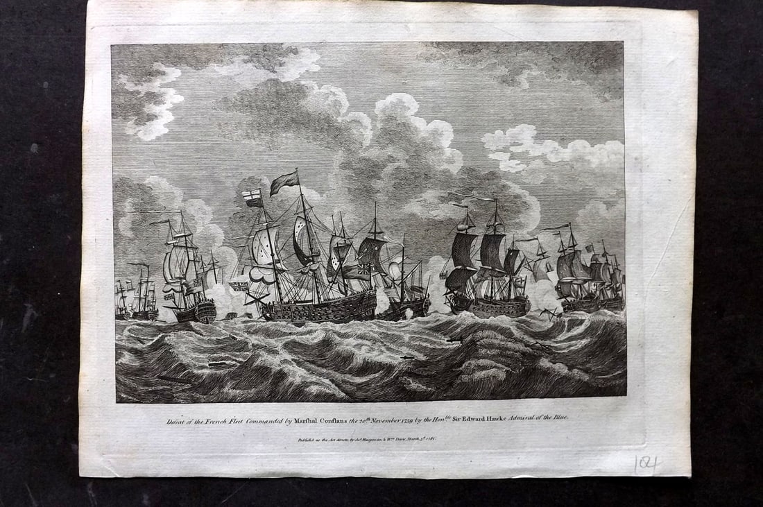 Macgowan, J. (Pub) 1781 Naval Ship Print. Defeat of French Fleat by Edward Hawke: Copper Plate Published 1781 by J. Macgowan, London for "The Field of Mars" Rare. Paper Size: 10 x 8 inch (26 x 20cm) Good Condition