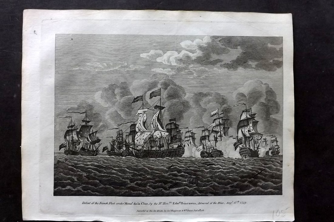 Macgowan, J. (Pub) 1781 Naval Ship Print. Defeat of French Fleat by Edward Boscawen: Copper Plate Published 1781 by J. Macgowan, London for "The Field of Mars" Rare. Paper Size: 10 x 8 inch (26 x 20cm) Good Condition