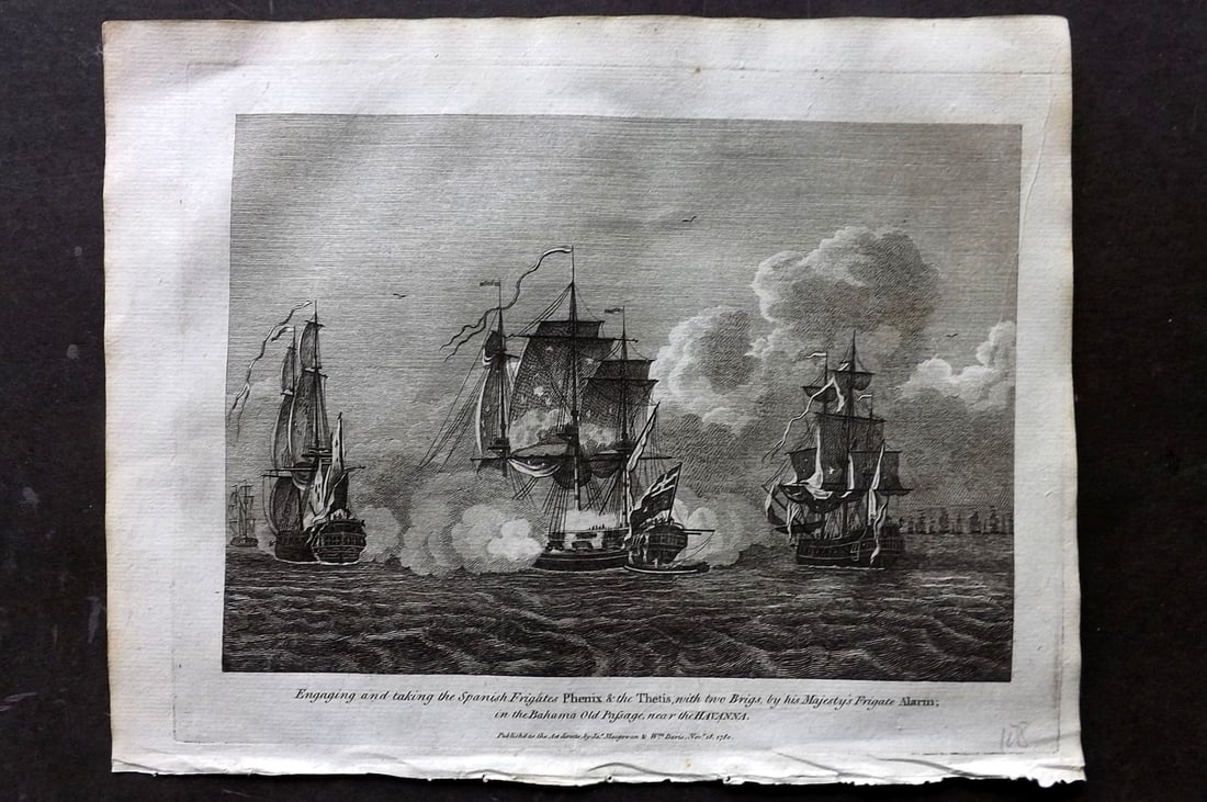 Macgowan, J. (Pub) 1781 Naval Ship Print. Taking Spanish Frigates near Havana, Cuba Caribbean: Copper Plate Published 1781 by J. Macgowan, London for "The Field of Mars" Rare. Paper Size: 10 x 8 inch (26 x 20cm) Good Condition