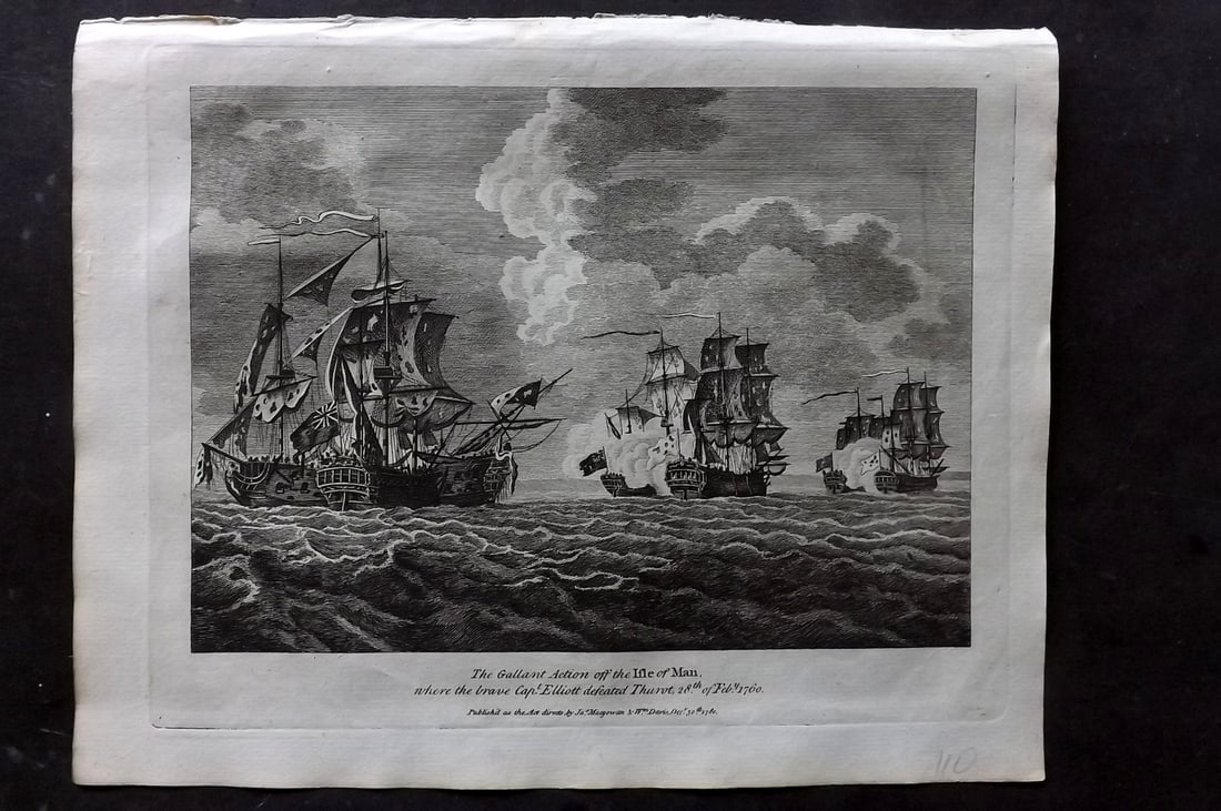 Macgowan, J. (Pub) 1781 Naval Ship Print. Gallant Action of the Isle of Man: Copper Plate Published 1781 by J. Macgowan, London for "The Field of Mars" Rare. Paper Size: 10 x 8 inch (26 x 20cm) Good Condition