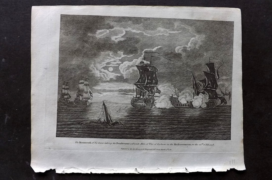Macgowan, J. (Pub) 1781 Naval Ship Print. The Monmouth taking the Foudroyant in the Mediterranean: Copper Plate Published 1781 by J. Macgowan, London for "The Field of Mars" Rare. Paper Size: 10 x 8 inch (26 x 20cm) Good Condition