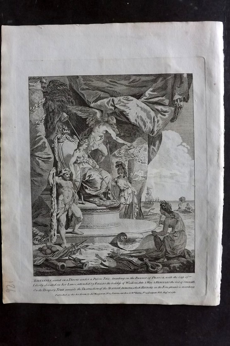 Macgowan, J. (Pub) 1781 Classical Frontis. Britannia treading on the Banner of France: Copper Plate Published 1781 by J. Macgowan, London for "The Field of Mars" Rare. Paper Size: 10 x 8 inch (26 x 20cm) Image very slightly off-centre. Good Condition
