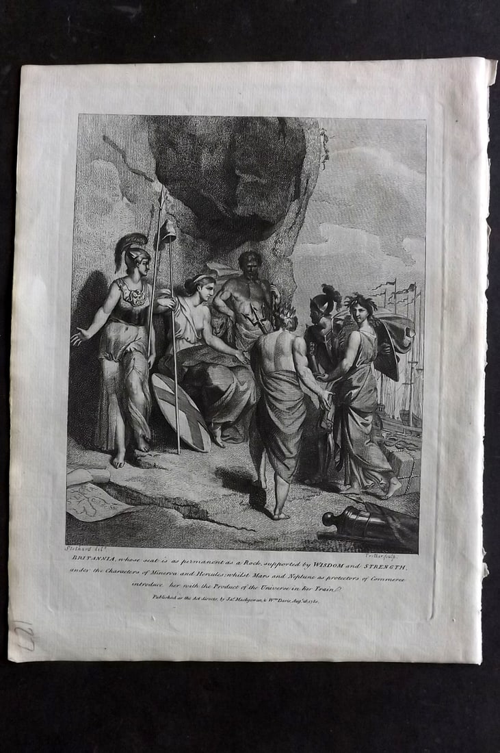 Macgowan, J. (Pub) 1781 Classical Frontis. Britannia whose seat is as permanent as a Rock: Copper Plate Published 1781 by J. Macgowan, London for "The Field of Mars" Rare. Paper Size: 10 x 8 inch (26 x 20cm) Good Condition