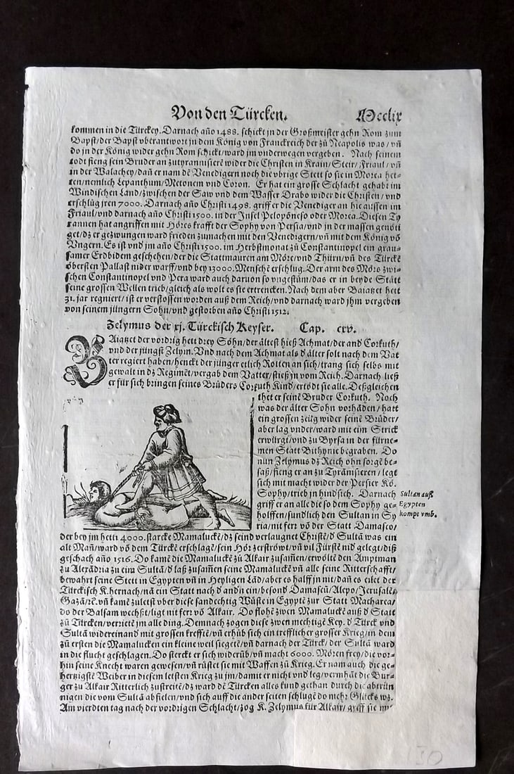 Munster, Sebastian 1578 Early Woodcut. Turkey - Man strangling another Man: Woodcut Published 1578, Basel for the "Cosmographia" by Sebastian Munster. Printed both sides. Paper Size: 12 x 8 inch (30 x 20cm) Approx. Good Condition