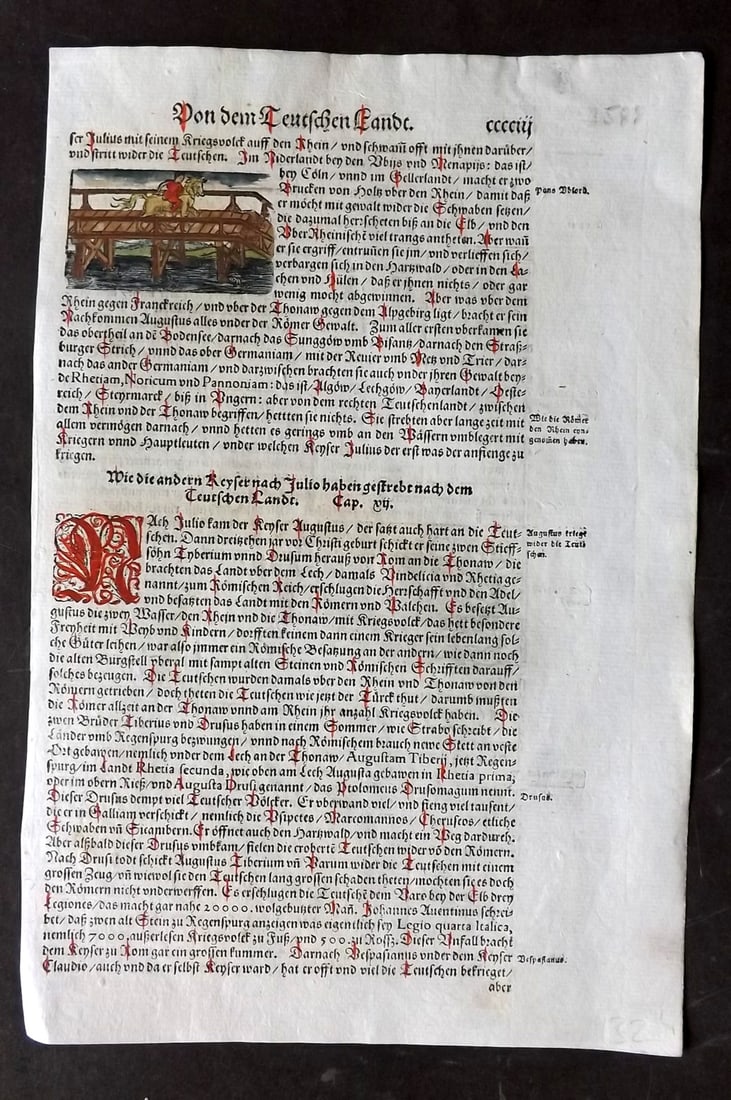 Munster, Sebastian 1588 Early Hand Col Woodcut. Man on Horse & Initial: Contemporary Hand Colored Woodcut Published 1588, Basel for the "Cosmographia" by Sebastian Munster. Printed both sides. Paper Size: 12 x 8 inch (30 x 20cm) Approx Good Condition