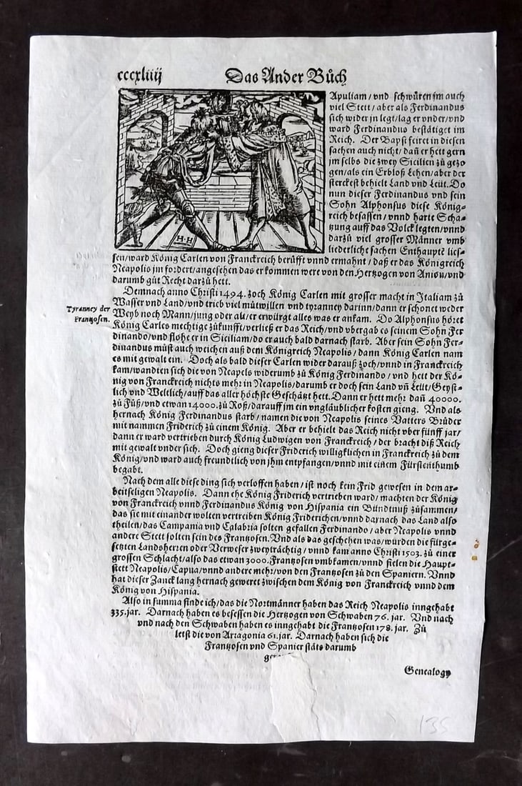 Munster, Sebastian & Hand Holbein C1580 Early Woodcut. Men Fighting: Woodcut Published C1580, Basel for the "Cosmographia" by Sebastian Munster. Drawn & Engraved by Hans Holbein. Printed both sides. Paper Size: 12 x 8 inch (30 x 20cm) Approx. Good Condition