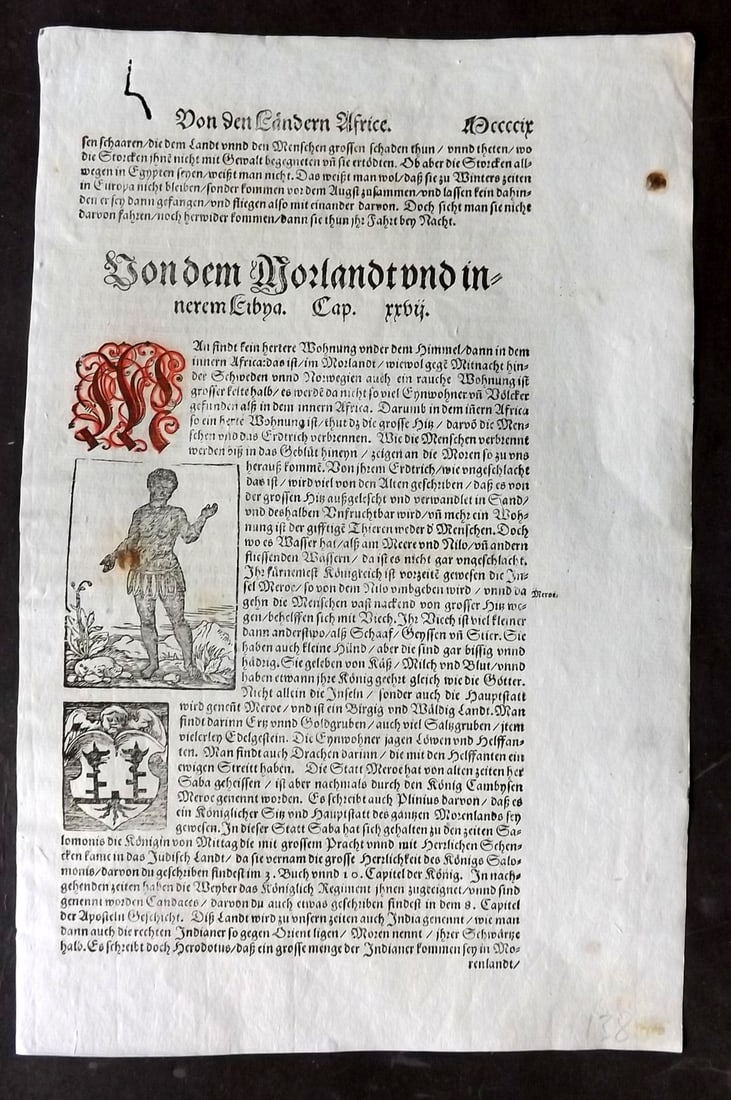 Munster, Sebastian 1574 Early Woodcut. Portrait of an African: Woodcut Published 1574, Basel for the "Cosmographia" by Sebastian Munster. Printed both sides. Paper Size: 12 x 8 inch (30 x 20cm) Approx. Wormholing in top margin. Good Condition