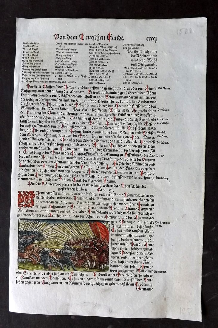 Munster, Sebastian 1588 Early Hand Col Woodcut. Battle Scene: Contemporary Hand Colored Woodcut Published 1588, Basel for the "Cosmographia" by Sebastian Munster. Printed both sides. Paper Size: 12 x 8 inch (30 x 20cm) Approx. Good Condition