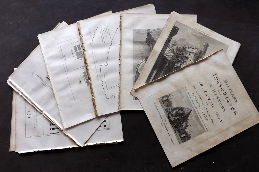 Grose, Francis 1801 Lot of 24 Antique Military Prints: Antique Copper Plate Published 1801, London for "Military Antiquities Respecting a History of the English Army from the Conquest to the Present Time" by Francis Grose. Paper Size: 10.5 x 8 inch (27 x