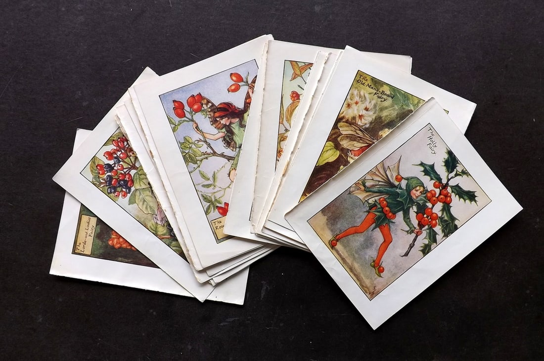 Barker, Cicely Mary C1940 Lot of 23 Flower-Fairy Prints - Autumn: Autumn Fairies. Lithographs Published C1935-45 by Blackie & Son, London & Glasgow for the "Flower-Fairies" Series by Cicely Mary Barker. Reverse side blank.Paper Size: 5.5 x 4 inch (14 x 10cm) Good Co
