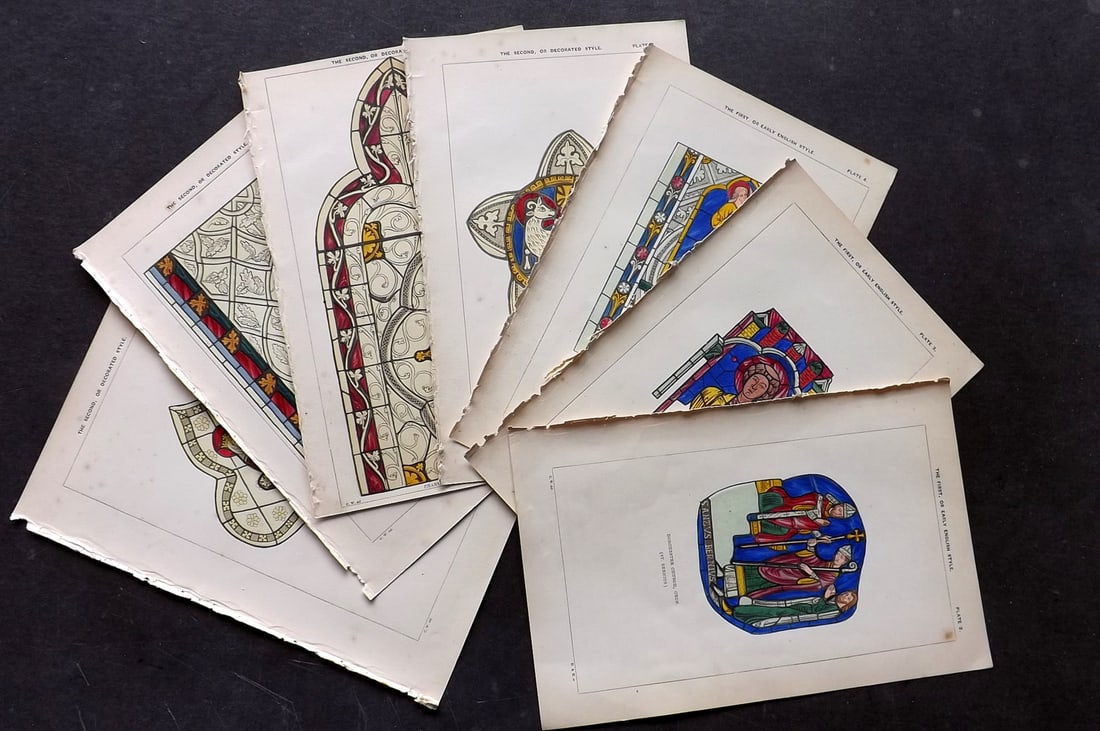 Winston, Charles 1847 Lot of 8 Hand Col Stained Glass Prints: Woodblock Published 1847, London for "An Inquiry Into the Difference of Style Observable in Ancient Glass Paintings, Especially in England, with Hints on Glass Painting" by Charles Winston. Fine hand 