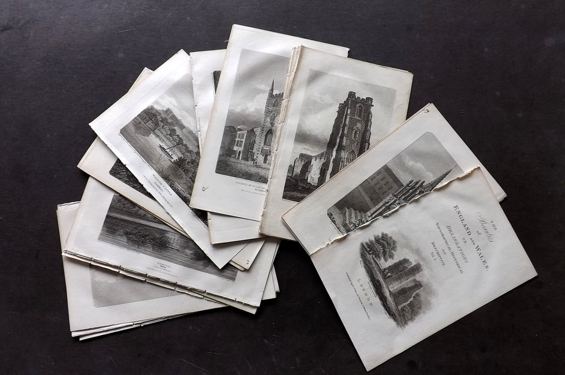 Britton, John 1801 Lot of 28 Copper Plate British Views. Berks Beds Bucks: Antique Copper Plate Published 1801-18, London for "The Beauties of England and Wales" by John Britton et al.Some margin toning.Incl Bedfordshire, Berkshire, and Buckinghamshire. Paper Size: 8 x 5 inc