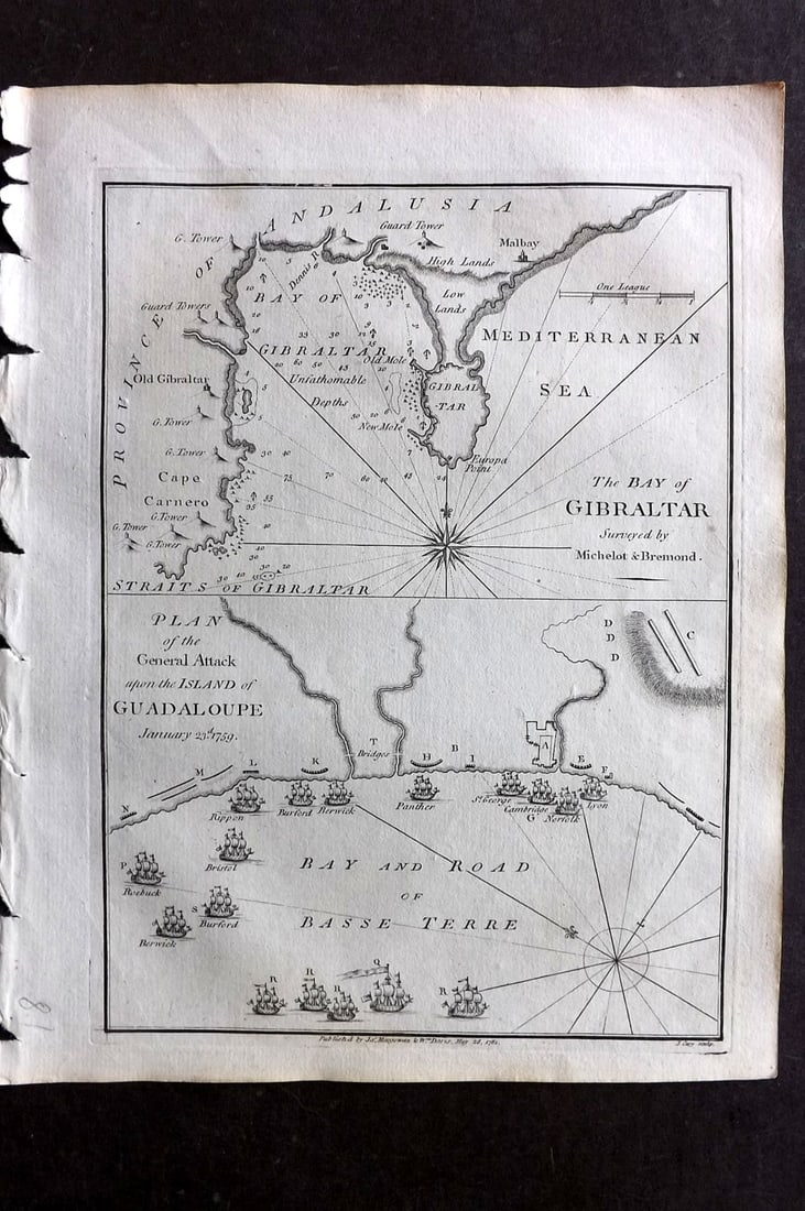 Cary, John 1781 Antique Map. Bay of Gibraltar. Plan of General attack on Guadaloupe West Indies (1 of 1)