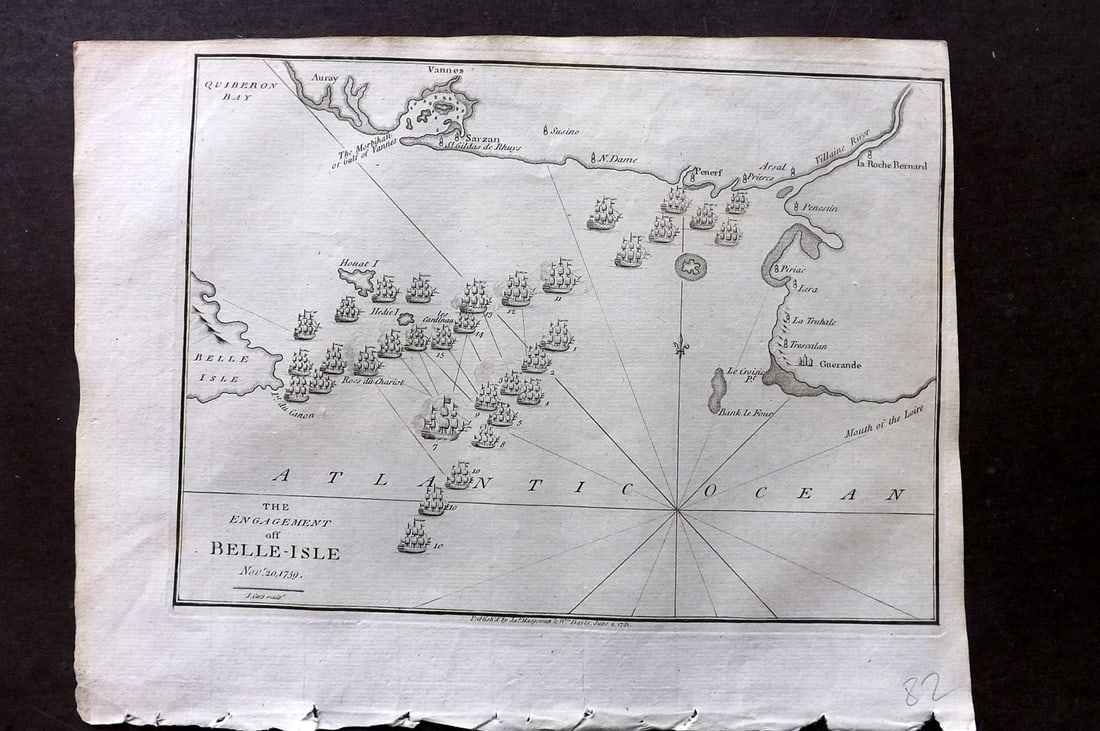 Cary, John 1781 Antique Map. Engagement of Belle Isle, France: Copper Engraved Map Published 1781 by J. Macgowan, London for "The Field of Mars" Rare. Engraved by John Cary. Paper Size: 10 x 8 inch (26 x 20cm) Image very slightly off-centre. Good Condition