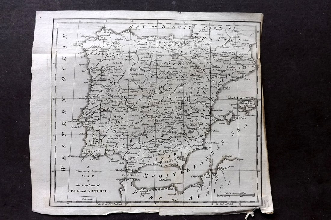 Cary, John 1781 Antique Map. Spain & Portugal: "A New and Accurate Map of the Kingdoms of Spain and Portugal" Copper Engraved Map Published 1781 by J. Macgowan, London for "The Field of Mars" Rare. Engraved by John Cary. Paper Size: 10 x 8 inch (2