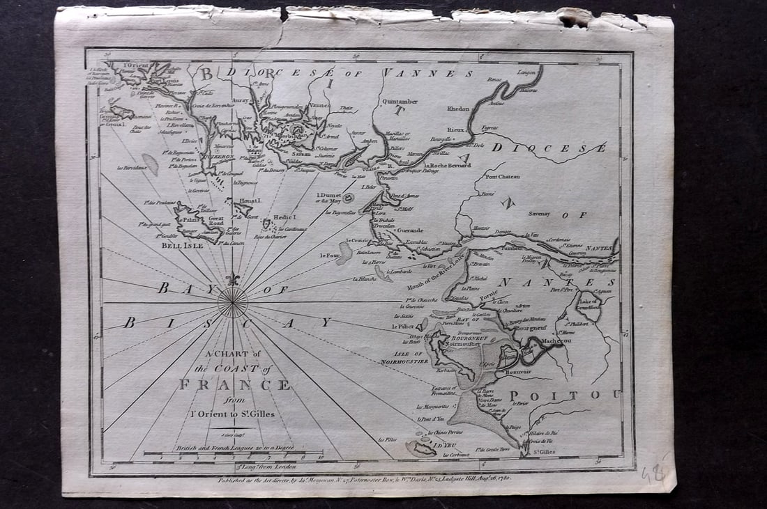 Cary, John 1781 Antique Map. A Chart of the Coast of France (1 of 1)