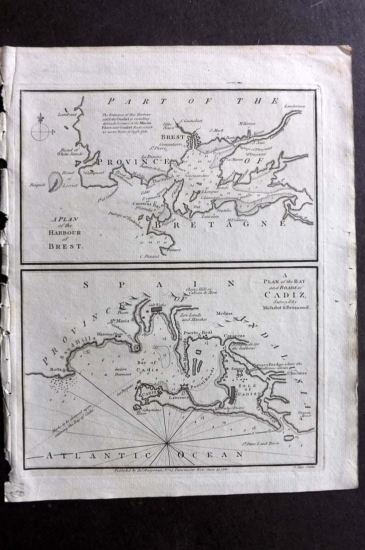 Cary, John 1781 Antique Map. Plans of Brest & Cadiz. France & Spain: Copper Engraved Map Published 1781 by J. Macgowan, London for "The Field of Mars" Rare. Engraved by John Cary. Paper Size: 10 x 8 inch (26 x 20cm) Good Condition