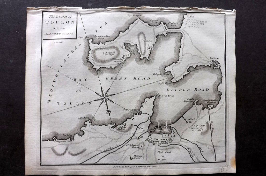 Cary, John 1781 Antique Map. Road of Toulon, France: Copper Engraved Map Published 1781 by J. Macgowan, London for "The Field of Mars" Rare. Engraved by John Cary. Paper Size: 10 x 8 inch (26 x 20cm) Good Condition