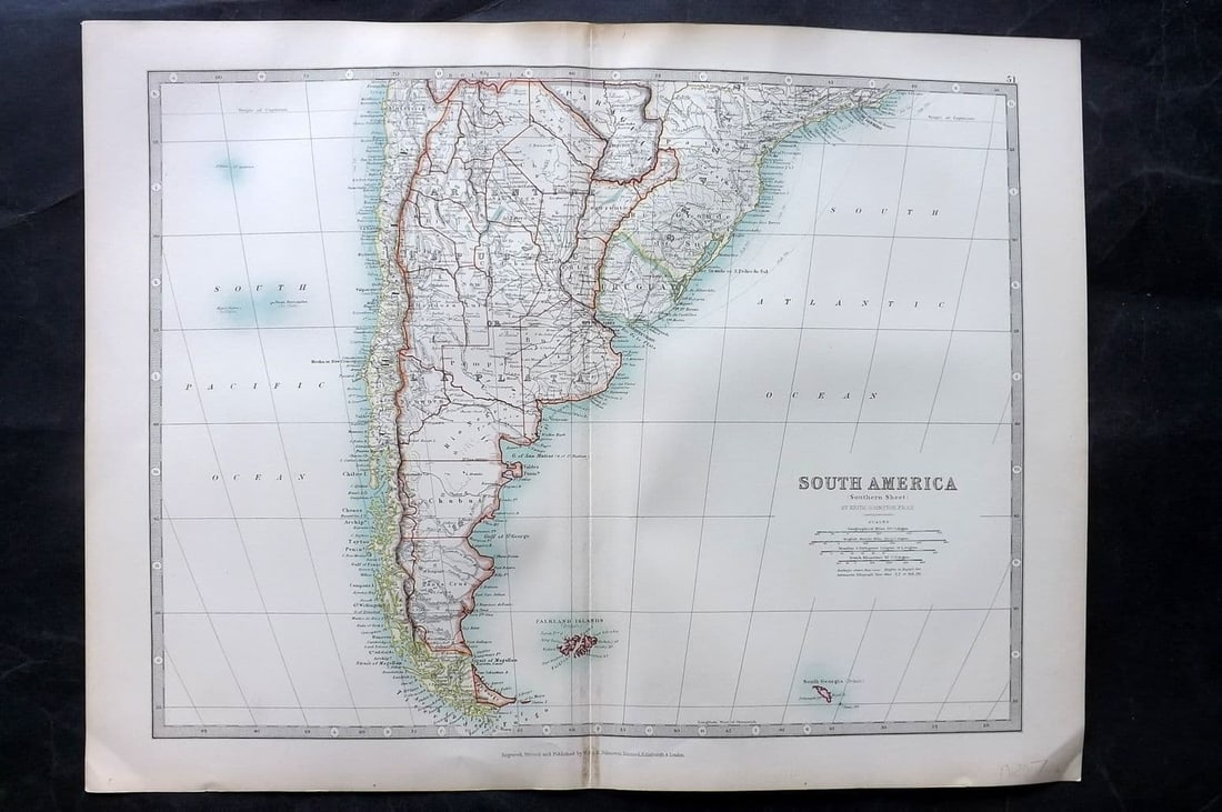 Johnston 1906 Antique Map. South America - Southern Sheet: Antique Folio Steel Engraved Map Published 1906, Edinburgh & London for "The Handy Atlas of Modern Geography" by Alexander Keith Johnston and G. H. Johnston. Centre fold as published. Paper Size: 19 x