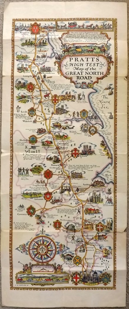 Taylor, Alfred 1930 LG Map. Great North Road, Pictorial, UK, Pratts (1 of 3)